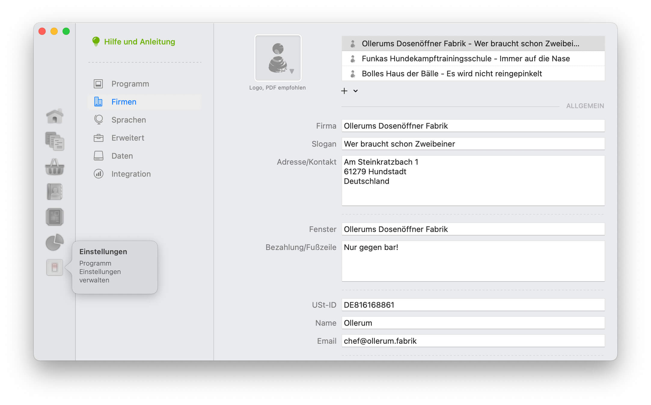Rechnungen Einstellungen Firmen